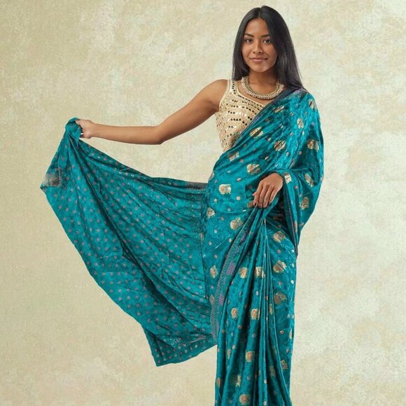 Buy Green Paithani Print Crepe Saree | Muvvas Boutique - Picture 1 of 5
